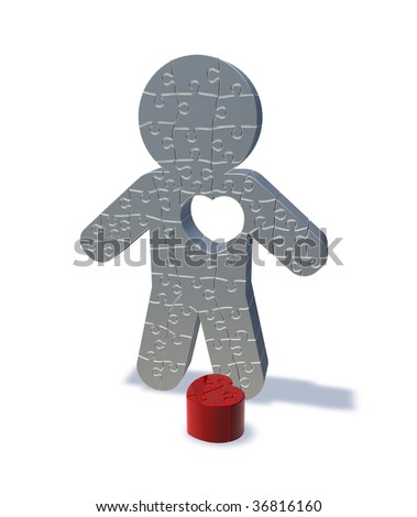 stock photo : 3d render illustration of a jigsaw man with his heart cut out,