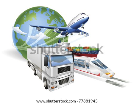 Global logistics concept illustration. Globe airplane aeroplane truck train and cargo container ship. Global logistics concept illustration. Globe airplane aeroplane truck train and cargo container ship.