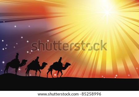 The three wise men crossing the desert following the star of Bethlehem in Christmas Nativity scene The three wise men crossing the desert following the star of Bethlehem in Christmas Nativity scene