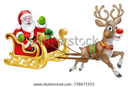 Christmas Santa Claus and his flying sleigh sled and reindeer cartoon