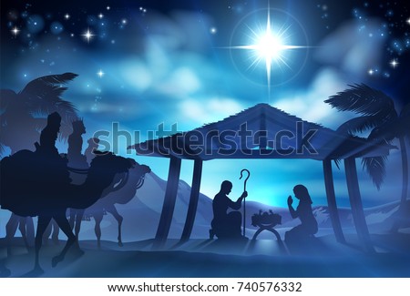 Christmas Christian Nativity Scene of baby Jesus in the manger with Mary and Joseph in silhouette and the three wise men