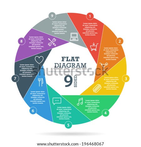 Nine sided flat shutter diagram template for your business presentation with text areas and icons Vector infographic graphic design Nine sided flat shutter diagram template for your business presentation with text areas and icons Vector infographic graphic design