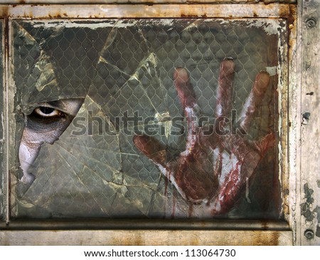 Creepy Eye Zombie looking through Broken Glass Window with Bloody Hand against the window