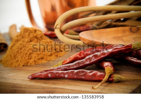 Red Chili peppers, Cinnamon powder, Spoon, Whisk, Cutting Board. Main focus on Chili Peppers