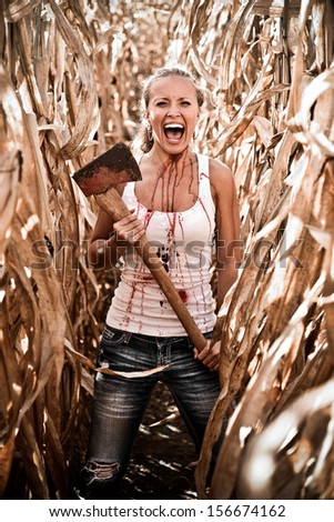Horror Scene of a Terrified Woman Screaming in a Corn Field