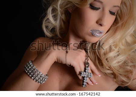 Sexy Woman with diamonds on her lips wearing Diamond Jewelry