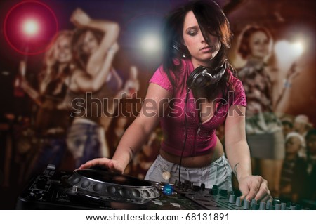 Beautiful DJ Girl Performing with People Dancing in the background