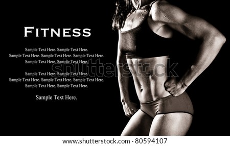 Athletic Young Fitness Woman Flexing Muscles with Text Space to the left