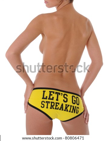 stock photo Sexy Backside with Yellow Boy Shorts that reads Let's Go 