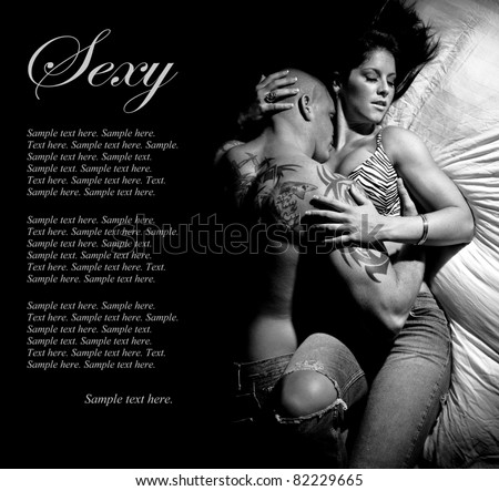 Classic Black and White photo of a Sexy Man and Woman on a Bed in love with Text Space to the left