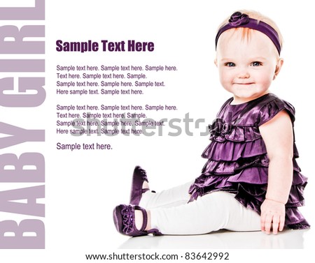 Happy Baby Girl smiling in purple dress with Text Space to the left