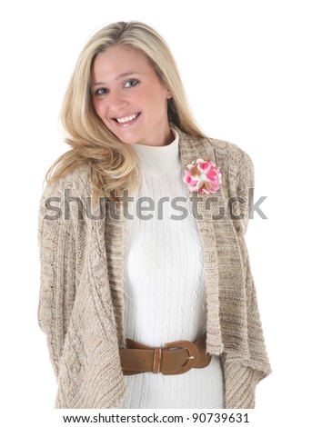 Pretty Young Blonde Woman wearing Sweater, shirt, belt and pink flower corsage