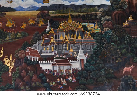 Thai Art in Wat phra kaeo in the Grand palace area, one of the major tourism attraction in Bangkok, Thailand