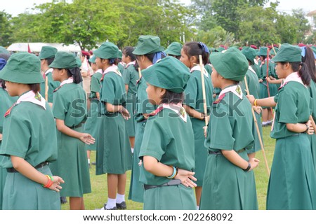MAHASARAKHAM - JULY 1 : Thai scouts are in ceremony and celebrate in Founders\' Day at public institute of physical education on July 1, 2014 in Mahasarakham, Thailand.