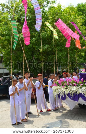 MAHASARAKHAM - APRIL 12 : Young priests are performing Brahma worship ceremony in songkran festival at Mahasarakham university on April 12, 2015 in Mahasarakham, Thailand.