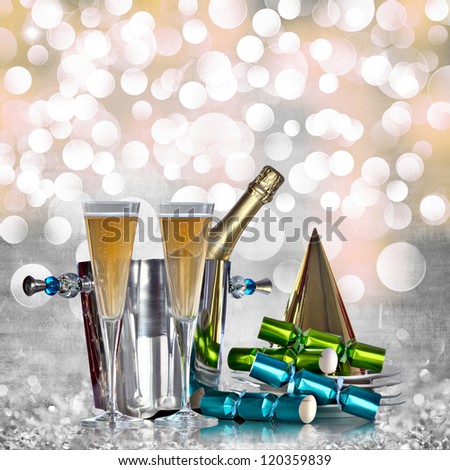 Champagne Bottle Silver Bucket Bubbly Glasses Gold Party Hat Green Blue Party Favors Elegant Vintage Grey Gold Pink Happy New Years Eve or Abstract Grunge Crystal Ice Holiday Glitter Light Background