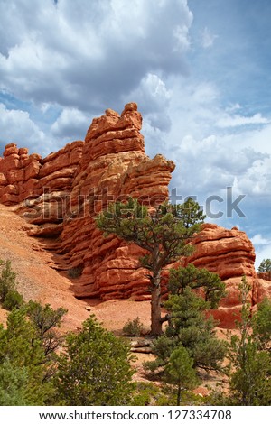 Red Rock Cliff Hoodoos Pillar Spires Rise Above The Pine Trees In The Rugged Back Country Of Red Canyon In The Dixie National Forest ~ Utah, USA, United States ~ Scenic Byway