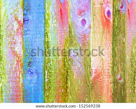Distressed Wood Texture Background With Moss, Grunge Art Design Element Painted Multicolor Psychedelic Blue, Green, Pink Pastel Color Pallet
