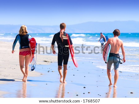 Three Young Surfers Walking On Beach ~ IMAGE FOR EDITORIAL USE ONLY Three Young Surfers Walking On Beach ~ IMAGE FOR EDITORIAL USE ONLY