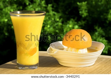 Glass Of Fresh Squeezed Organic Orange Juice - Juicer And Orange With Natural Outdoor Background