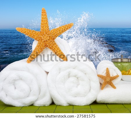 Beach Day Spa Still-life With Bath Beads, Sea Salt and Starfish On Green Bamboo Mat ~ Ocean Waves In Background