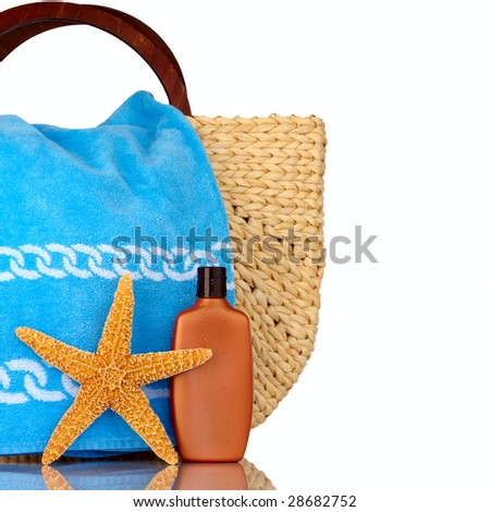 Straw Beach Bag, Blue Towel, Sunscreen With Water Drops and Starfish Isolated On White