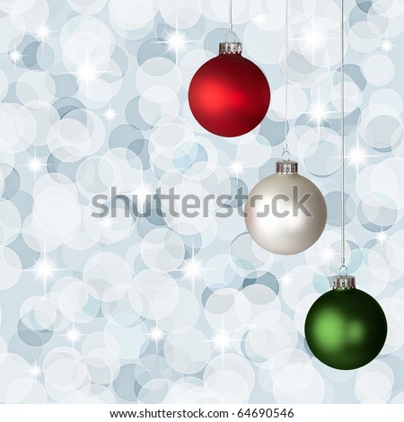 White, Red and Green Christmas Ornaments On Silver Bokeh Background