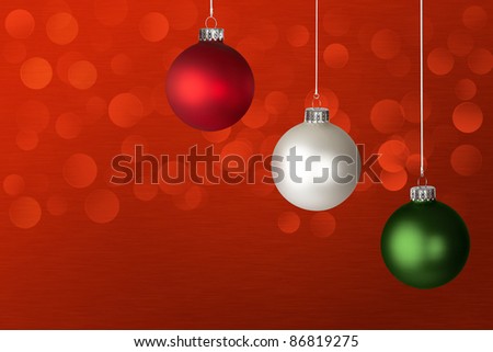 White, Red and Green Christmas Ornaments ~ LED Lights Glowing  Over Red Background