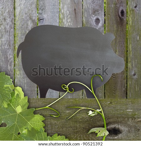 Black Chalkboard Pig Restaurant Menu Copy Space Over Distressed Grunge, Vintage Aged Green Moss Covered Wood Background With Grape Leaves And Tendrils