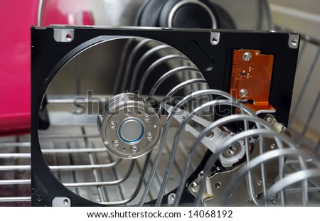 Hard Drive on a dish drying rack. Concept of Cleaning your Hard Drive.