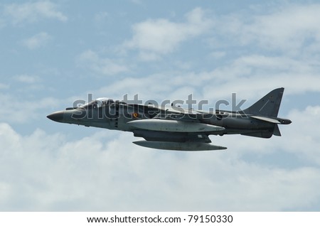 MALAGA (SPAIN) - 28 MAY: Celebration of Armed Forces Day at the beach of La Malagueta. Airshow of the aircraft Harrier AV-B8 on 28 May 2011 in Malaga, Spain