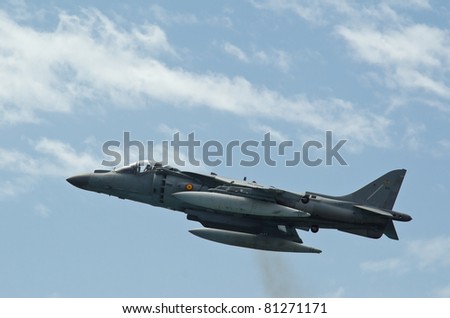 MALAGA, SPAIN - MAY 28: An AV-8B Plus Harrier II aircraft performs during the Armed Forces Day air show and celebration on May 28, 2011 at La Malagueta beach in Malaga, Spain.