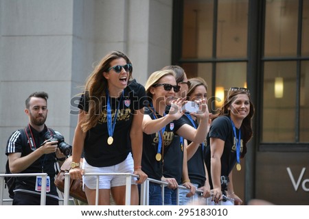 New York City, USA - July 10, 2015: Members of the Women\'s World Cup championship team on a float in a victory parade in New York City.