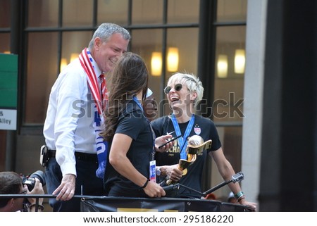 New York City, USA - July 10, 2015: Members of the Women\'s World Cup championship team and New York City Mayor Bill de Blasio on a float in a victory parade in New York City.