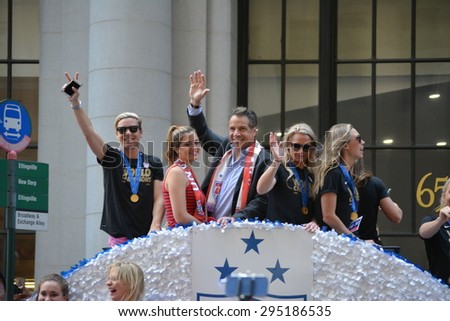 New York City, USA - July 10, 2015: Members of the Women's World Cup championship team and New York Governor Andrew Cuomo on a float in a victory parade in New York City.