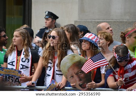New York City, USA - July 10, 2015:Young fans at a victory parade celebrating the Women\'s World Cup championship in New York City.