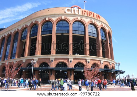 NEW YORK CITY - APRIL 8: Crowd arriving at Citi Field for a Major League Baseball game between the New York Mets and Atlanta Braves on April 8th, 2012 in Queens, New York.