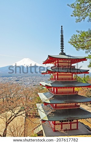 Mt. Fuji viewed from behide Chureito Pagoda in Japan.