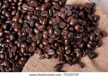 A lot of coffee beans on sackcloth.
