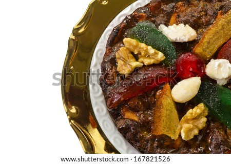 Christmas dried fruit and nut dessert, dish of Emilia Romagna, on white background