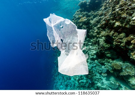 A discarded plastic bag floats in the ocean next to a coral reef