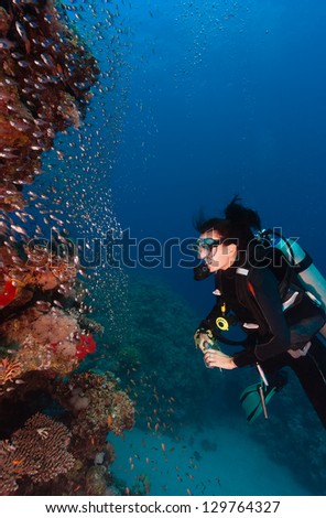 A female SCUBA diver next to a glassfish pinnacle