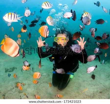 Female SCUBA diver and tropical fish