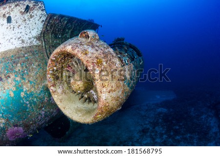 Jet engine attached to the fuselage of a plane wreck, deep underwater
