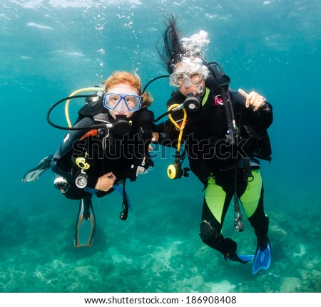 A pair of smiling, happy SCUBA divers