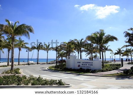 FORT LAUDERDALE, FLORIDA - NOVEMBER 1: Sign and entrance to the beautiful public Fort Lauderdale, Florida beach park on a very sunny autumn day on November 1, 2012 in Fort Lauderdale, Florida.
