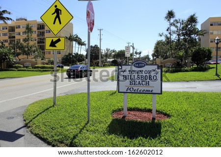 HILLSBORO BEACH, FLORIDA - FEBRUARY 1: Entrance sign into the town south of Deerfield Beach called Hillsboro Beach, population of 1,875 people in 2010 on February 1, 2013 in Hillsboro Beach, Florida.