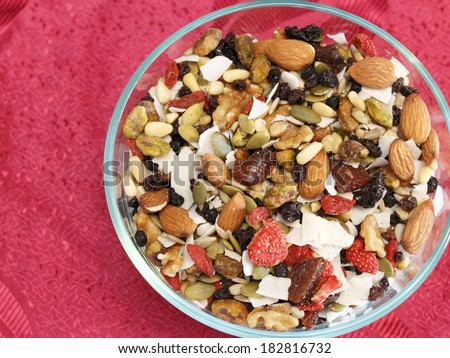 Glass bowl of healthy fruit and nut variety mix of strawberry, blueberry, black currants, dates, pumpkin seeds, pine nuts, almonds, coconut, walnuts, pistachio, raisins, sesame seeds, and pine nuts.