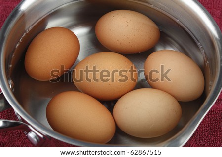 Six organic brown eggs in shell sit cooling in a pan of water after boiling.