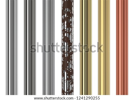 Seamless chrome, stainless steel, gold and copper vertical tubes on white background. 3D rendering.